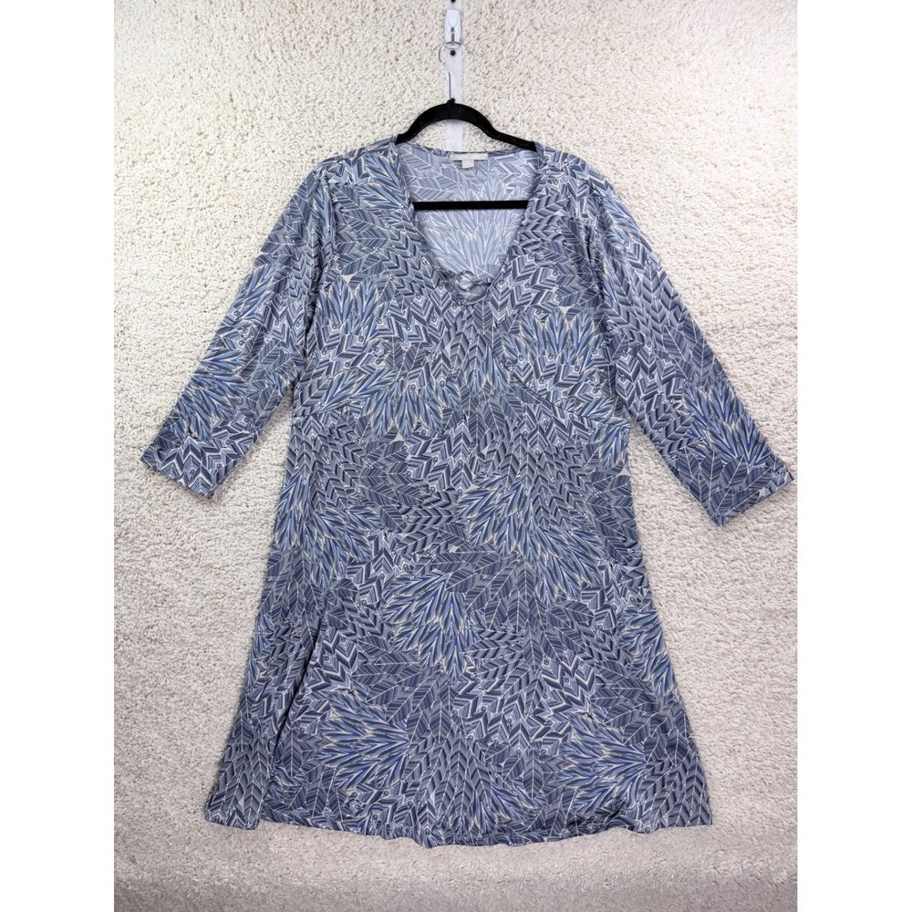 Womens XL Sunny Leigh Dress Blue White Geometric Leaf V-Neck 3/4 Sleeve Casual